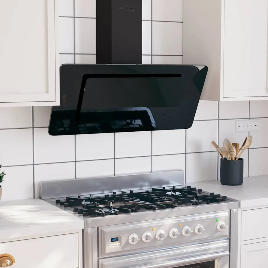 Hotte murale 90 cm Acier inoxydable et verre trempé Noir