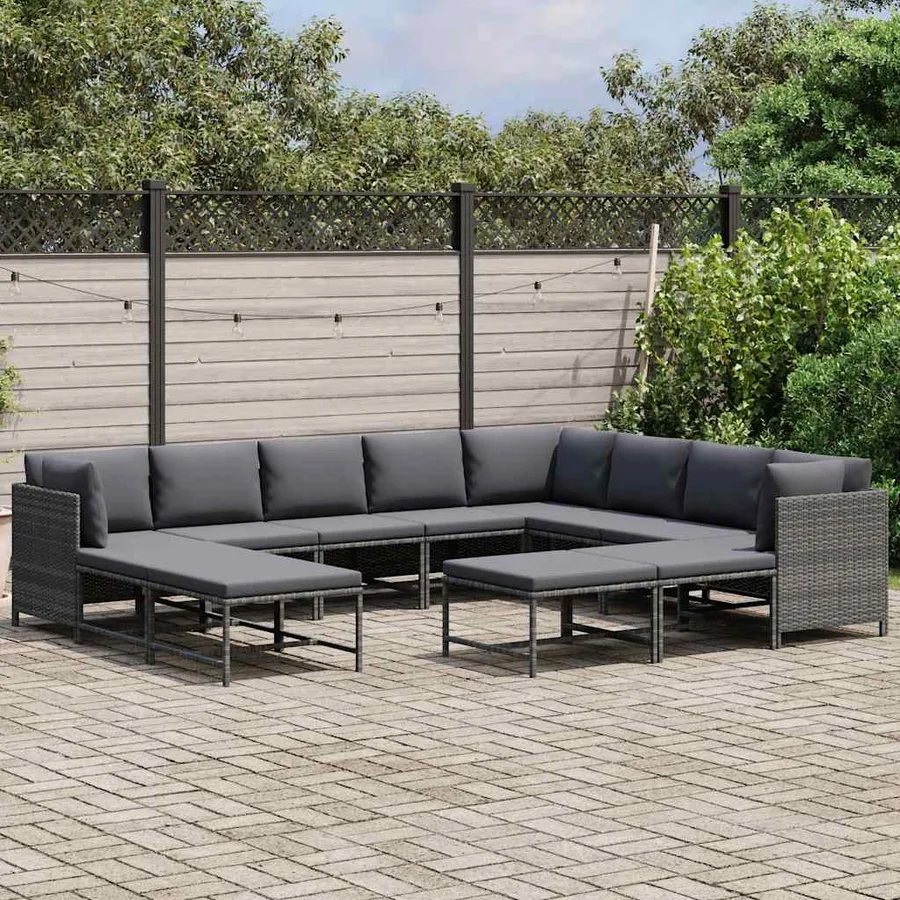 Salon de jardin 12 pcs avec coussins Résine tressée Gris - 3