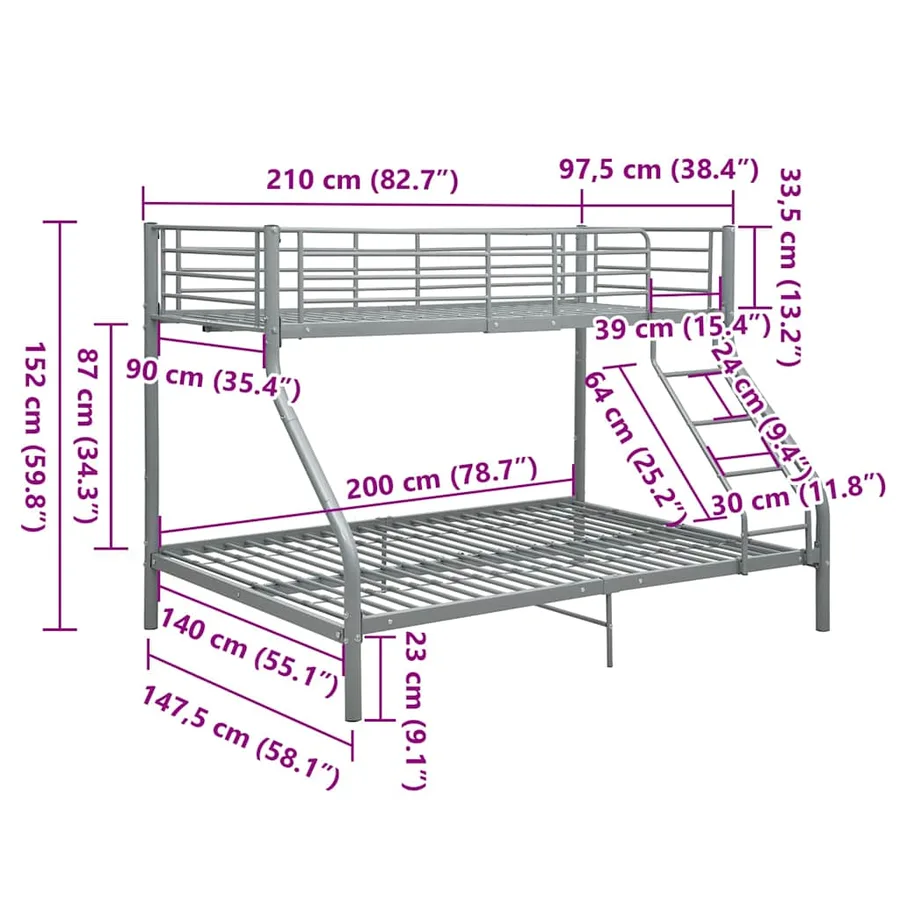 Cadre de lit superposé sans matelas gris 140x200 cm/90x200 cm - 8
