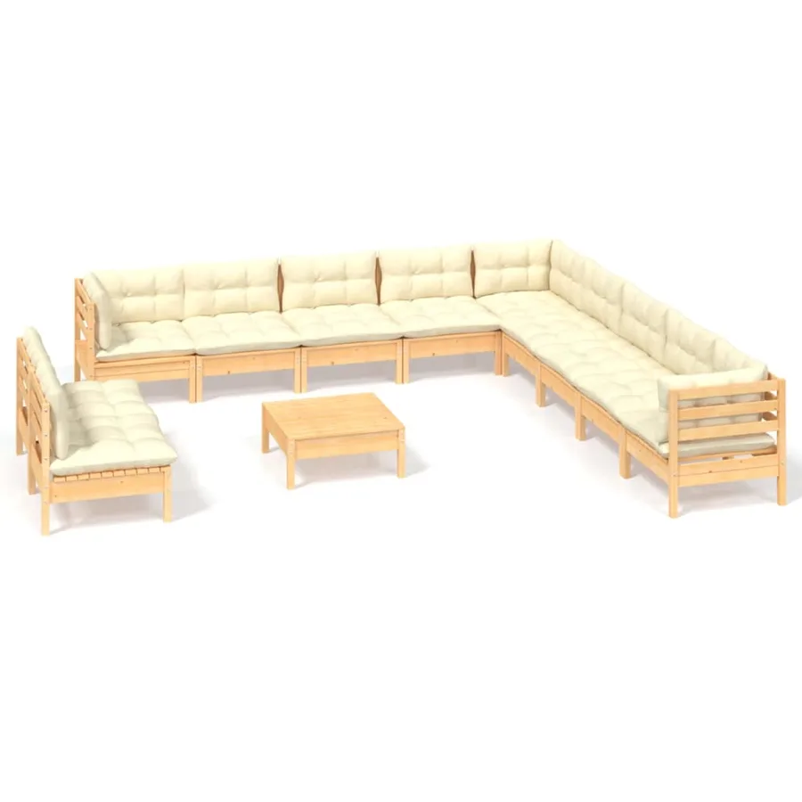 Salon de jardin 12 pcs avec coussins crème Bois de pin massif - 2