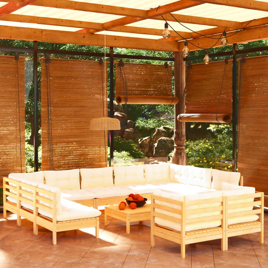 Salon de jardin 12 pcs avec coussins crème Bois de pin massif