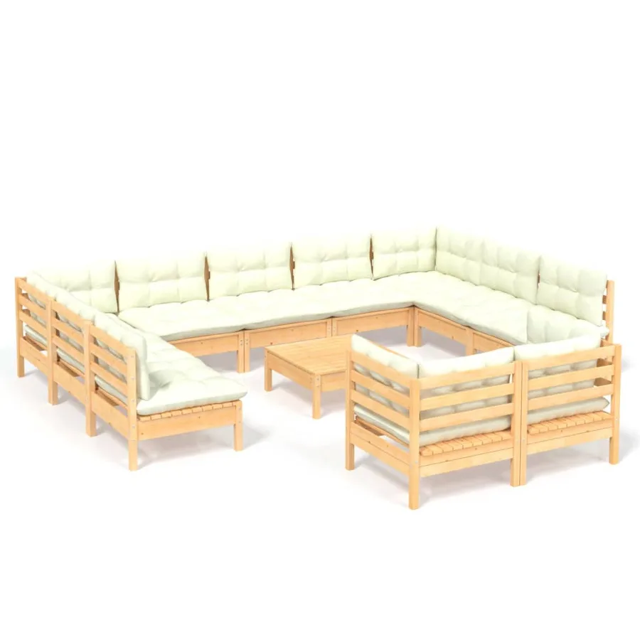 Salon de jardin 12 pcs avec coussins crème Bois de pin massif - 2