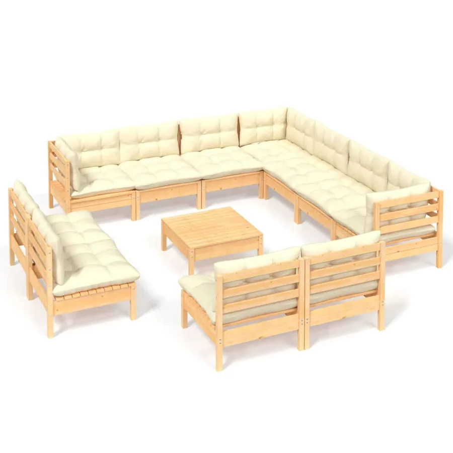 Salon de jardin 12 pcs avec coussins crème Bois de pin massif - 2