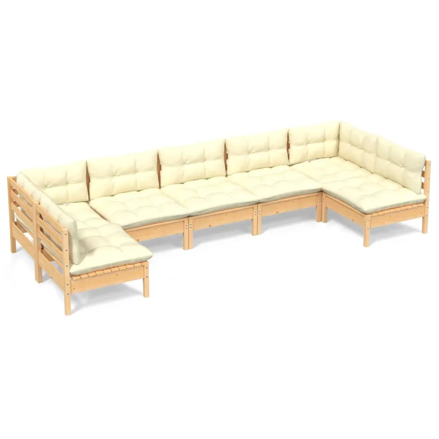 Salon de jardin 7 pcs avec coussins crème bois de pin massif - 2