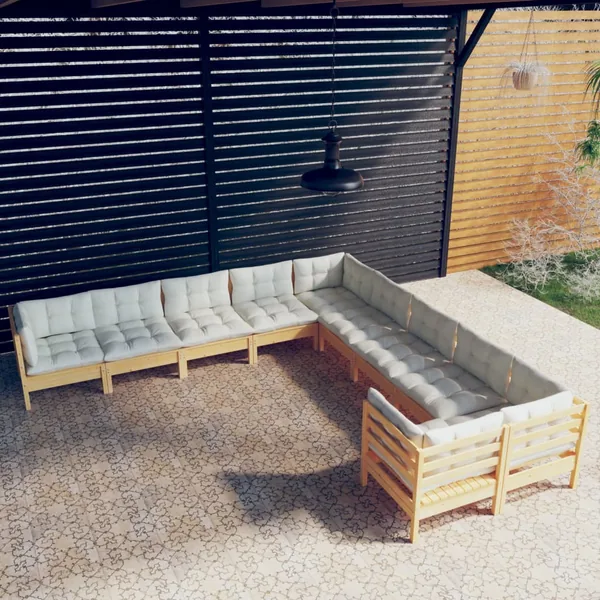 Salon de jardin 10 pcs avec coussins crème Bois de pin