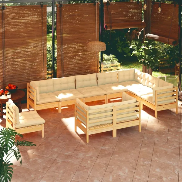 Salon de jardin 10 pcs avec coussins crème bois de pin massif