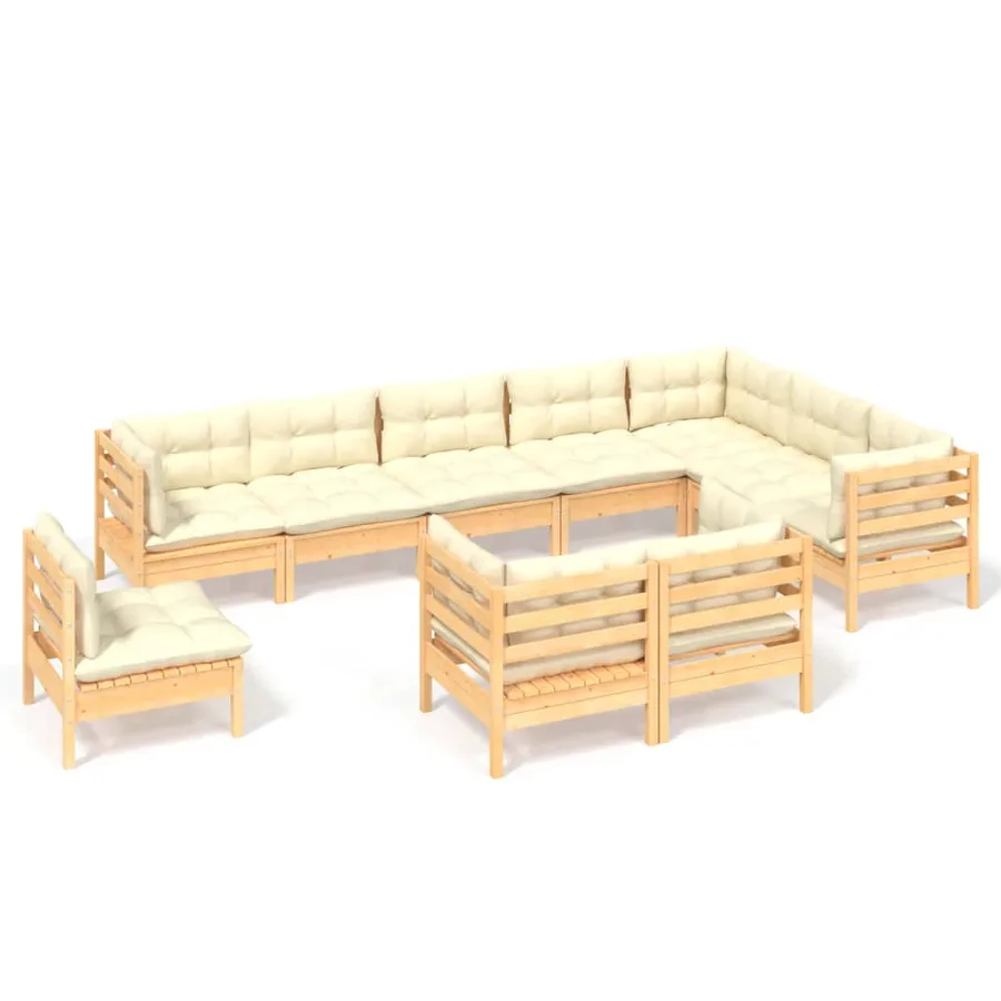 Salon de jardin 10 pcs avec coussins crème bois de pin massif - 2