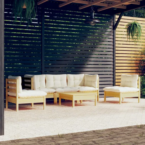 Salon de jardin 6 pcs avec coussins crème Bois de pin massif