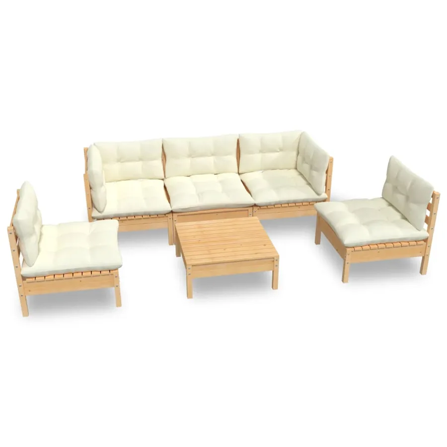 Salon de jardin 6 pcs avec coussins crème Bois de pin massif - 2