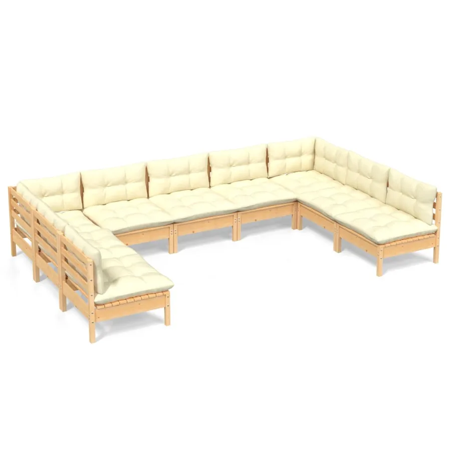 Salon de jardin 9 pcs avec coussins crème bois de pin massif - 2