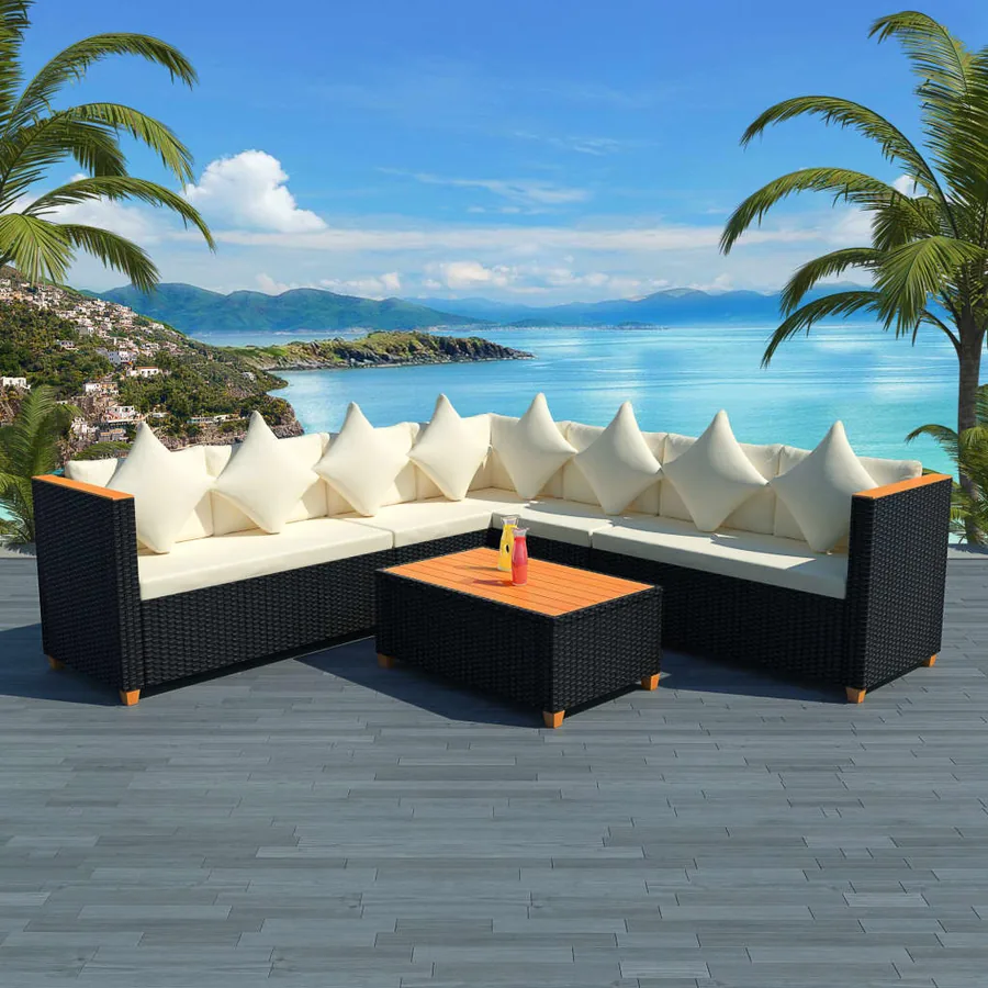 Salon de jardin 5 pcs avec coussins résine tressée noir
