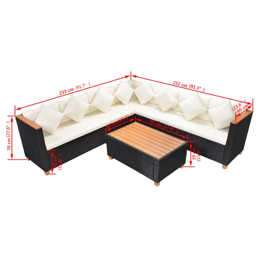Salon de jardin 5 pcs avec coussins résine tressée noir - 9
