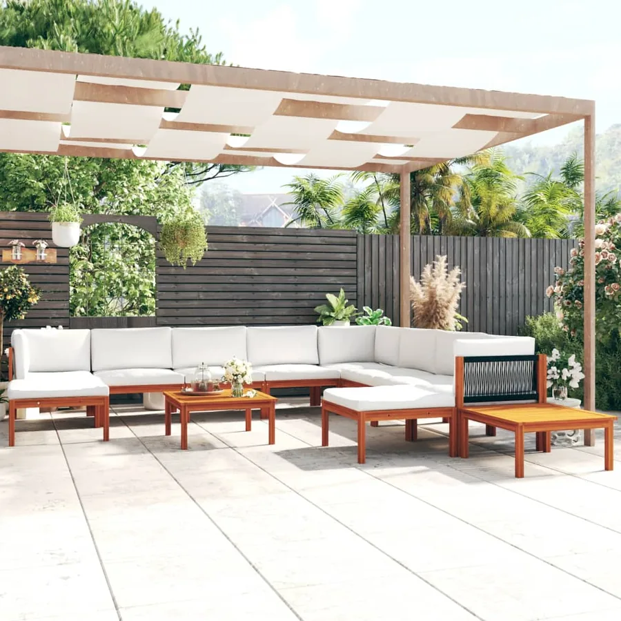 Salon de jardin 12 pièces avec coussins, bois d'acacia crème et corde