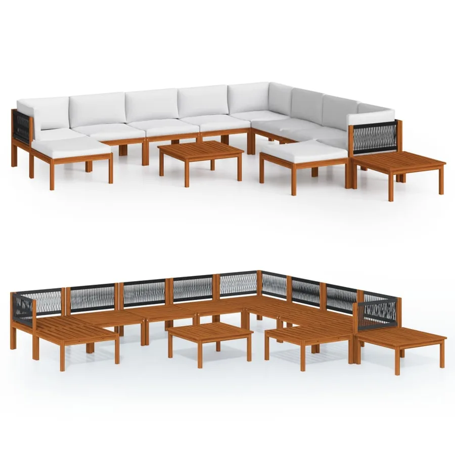 Salon de jardin 12 pièces avec coussins, bois d'acacia crème et corde - 2
