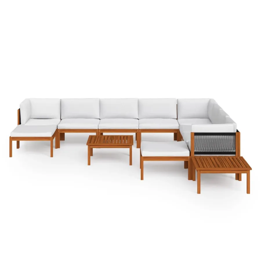 Salon de jardin 12 pièces avec coussins, bois d'acacia crème et corde - 3