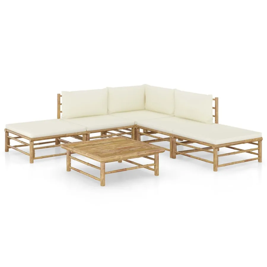 Salon de jardin 6 pcs avec coussins blanc crème bambou