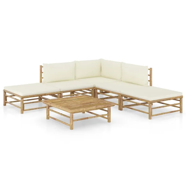 Salon de jardin 6 pcs avec coussins blanc crème bambou