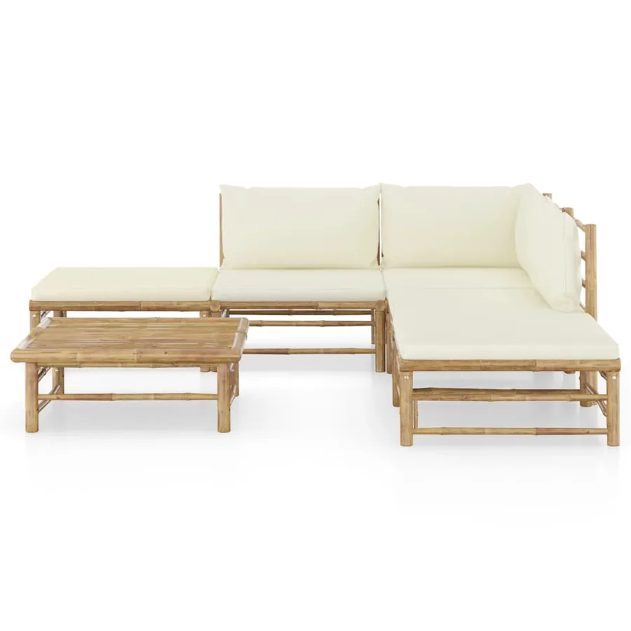 Salon de jardin 6 pcs avec coussins blanc crème bambou - 2