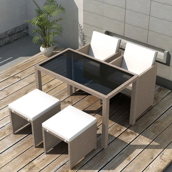 Ensemble à manger d'extérieur avec coussins 5 pcs Rotin Beige