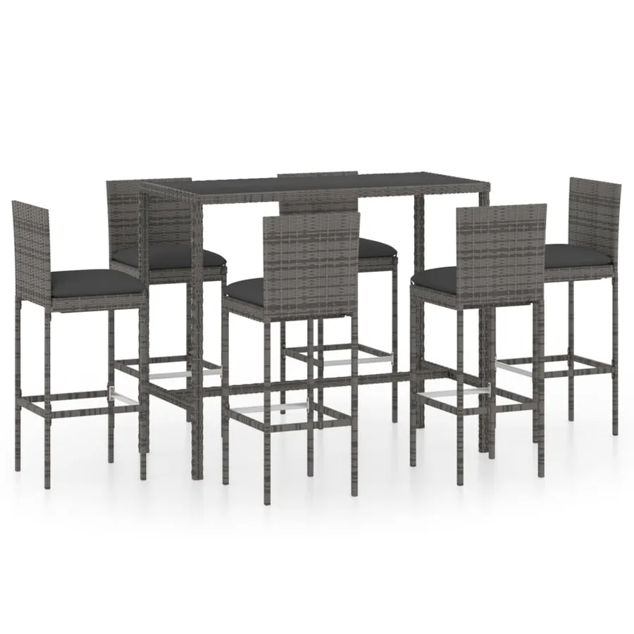 Ensemble de bar de jardin 7 pcs et coussins Résine tressée Gris - 2