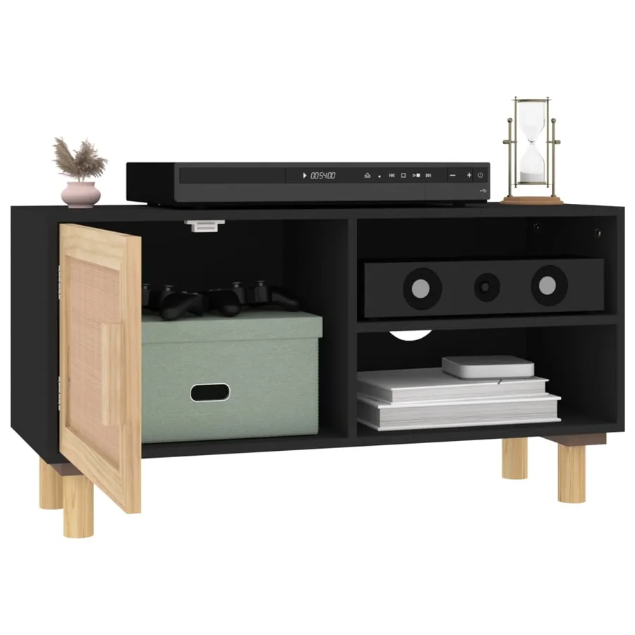 Meuble TV Noir 80x30x40 cm Bois de pin massif et rotin naturel - 3