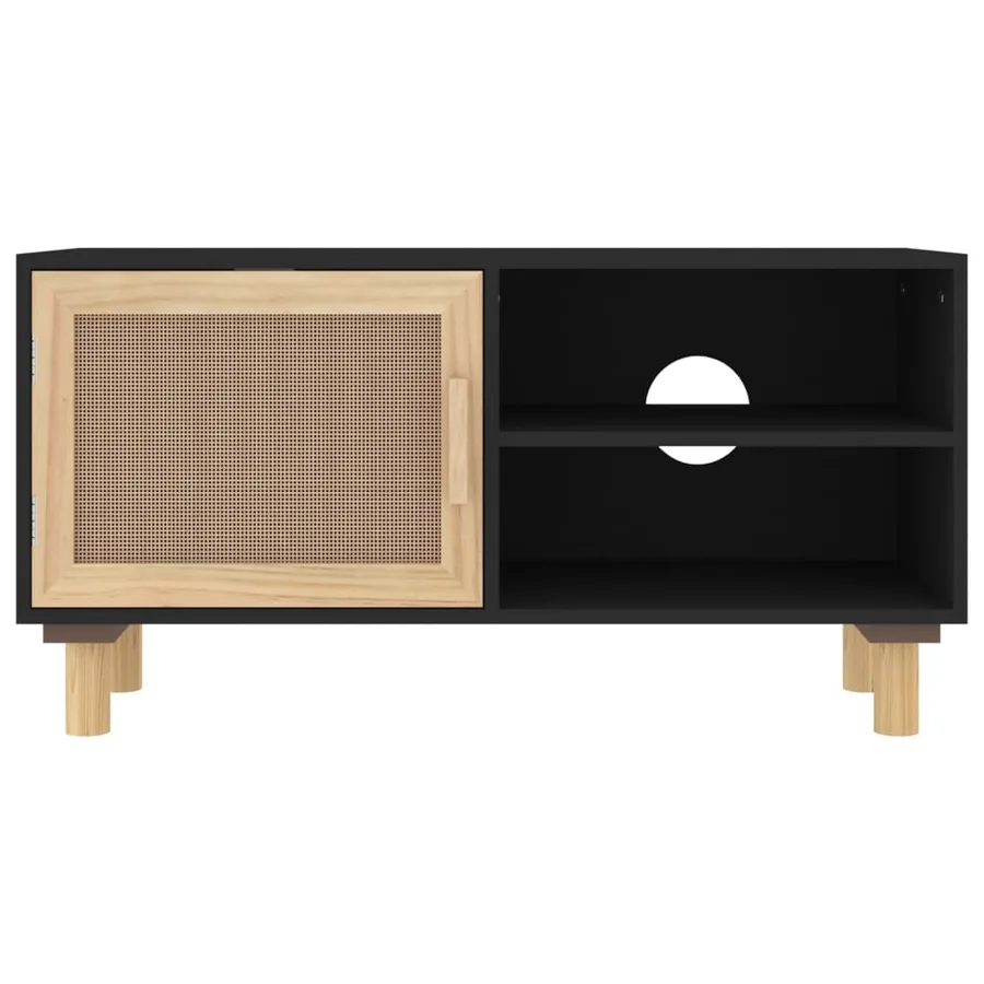 Meuble TV Noir 80x30x40 cm Bois de pin massif et rotin naturel - 4