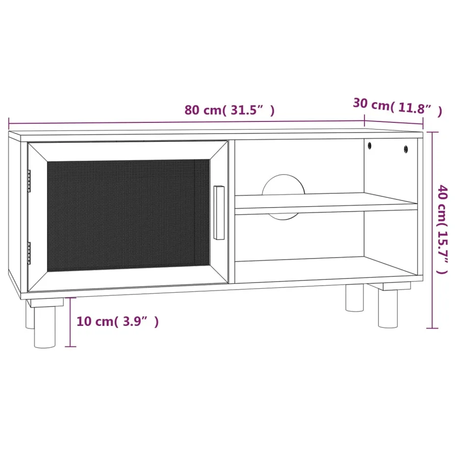 Meuble TV Noir 80x30x40 cm Bois de pin massif et rotin naturel - 8