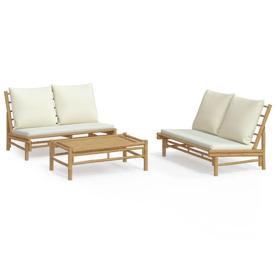 Salon de jardin 3 pcs avec coussins blanc crème bambou - 2
