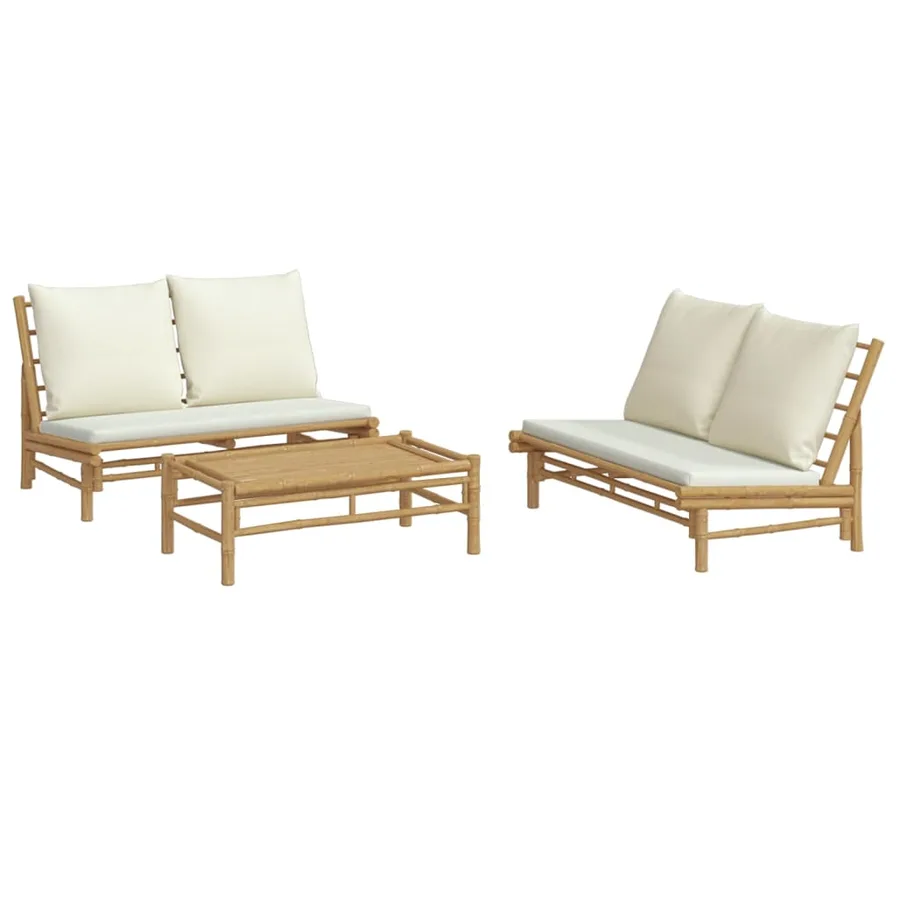 Salon de jardin 3 pcs avec coussins blanc crème bambou - 3