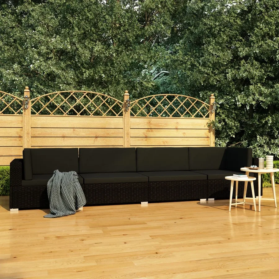 Salon de jardin 4 pcs avec coussins résine tressée noir