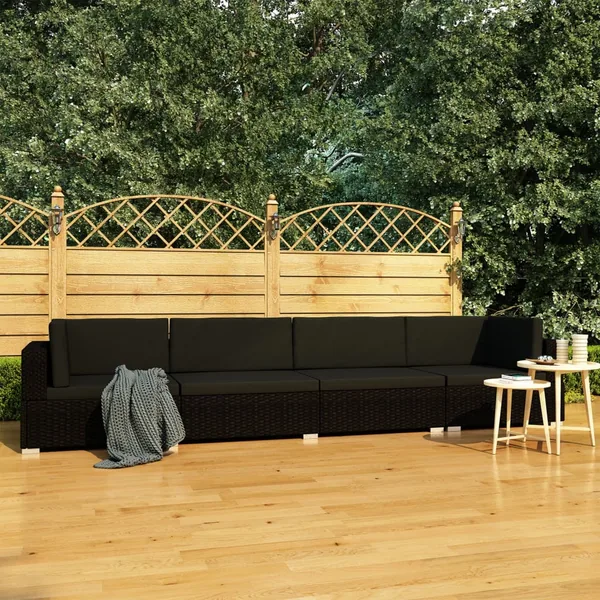 Salon de jardin 4 pcs avec coussins résine tressée noir