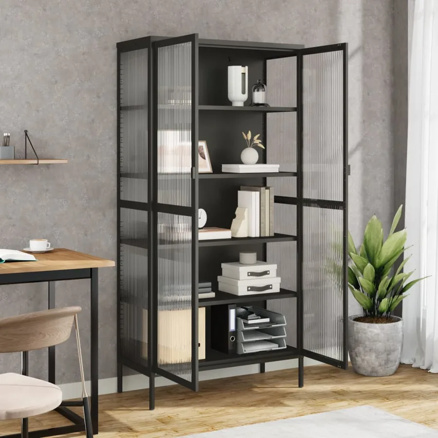 Buffet haut noir 85x40x180 cm verre et acier - 3