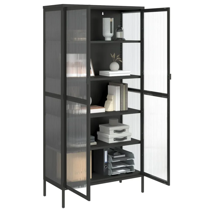 Buffet haut noir 85x40x180 cm verre et acier - 5