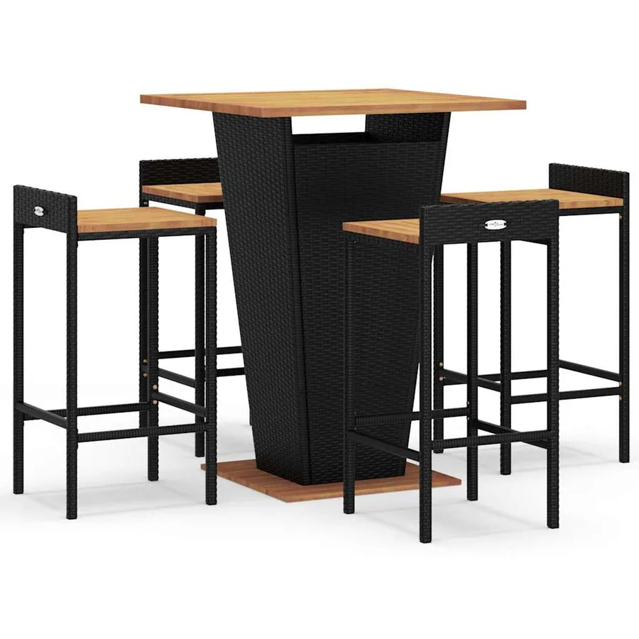Ensemble de bar jardin 5 pcs noir poly rotin/bois massif acacia - 2