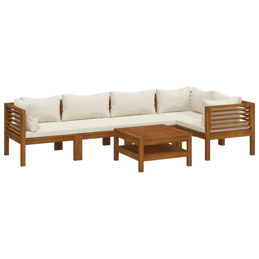 Salon de jardin 6 pcs avec coussin crème Bois d'acacia solide - 2