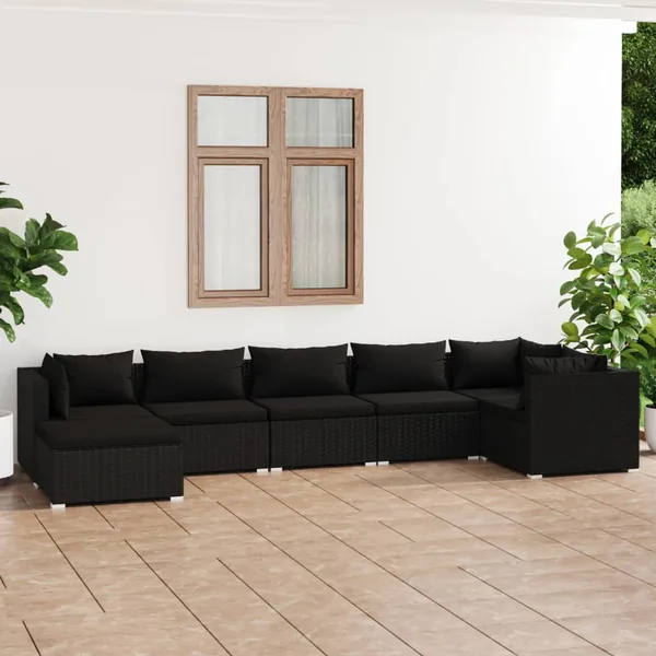 Salon de jardin 7 pcs avec coussins Résine tressée Noir