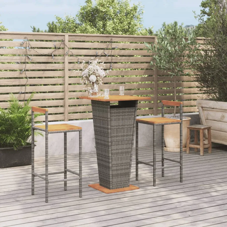 Ensemble de bar jardin 3 pcs gris poly rotin/bois massif acacia