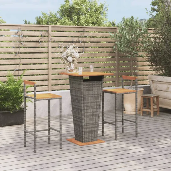 Ensemble de bar jardin 3 pcs gris poly rotin/bois massif acacia