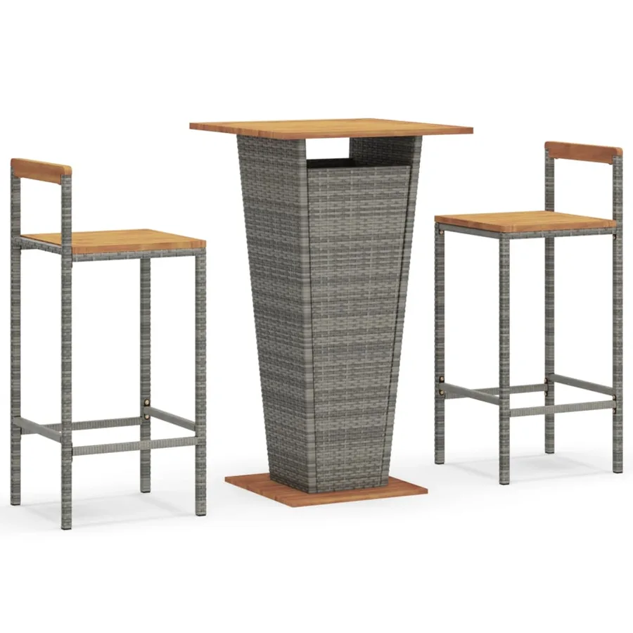 Ensemble de bar jardin 3 pcs gris poly rotin/bois massif acacia - 2