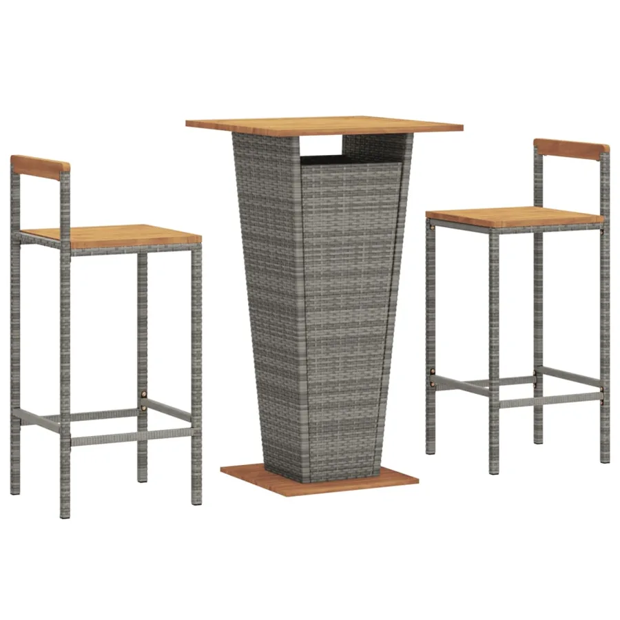 Ensemble de bar jardin 3 pcs gris poly rotin/bois massif acacia - 3
