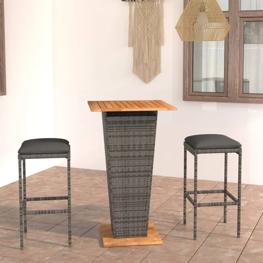 Ensemble de bar de jardin 3 pcs et coussins Résine tressée Gris