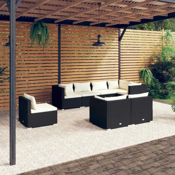 Salon de jardin 8 pcs avec coussins Résine tressée Noir