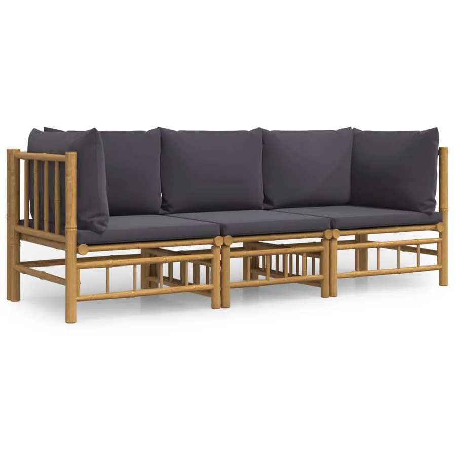 Salon de jardin 3 pcs avec coussins gris foncé bambou - 2