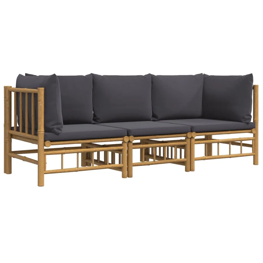 Salon de jardin 3 pcs avec coussins gris foncé bambou - 3