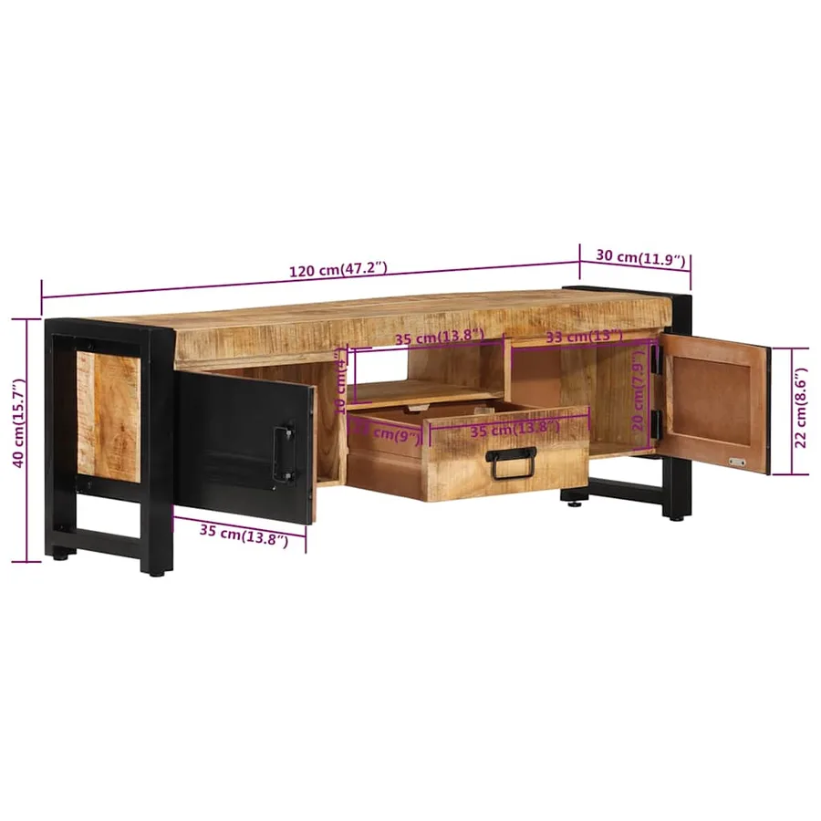 Meuble TV 120x30x40 cm Bois massif de manguier - 9