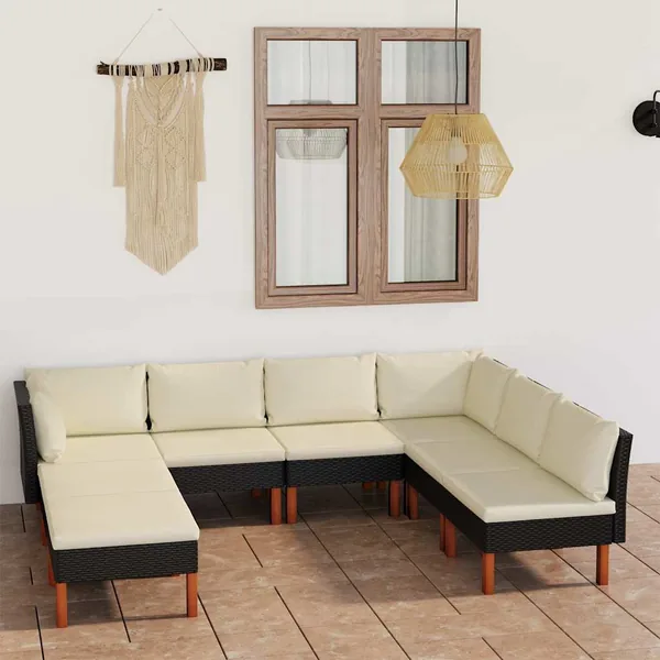 Salon de jardin 8 pcs avec coussins Résine tressée Noir