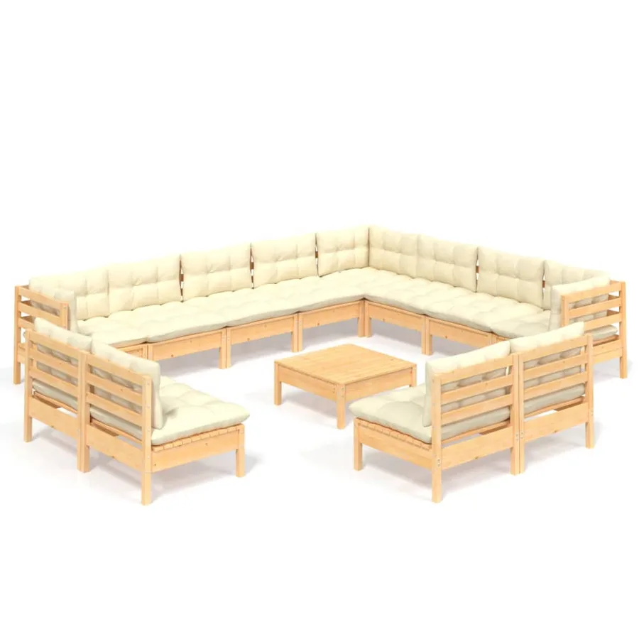 Salon de jardin 13 pcs avec coussins crème Bois de pin solide - 2