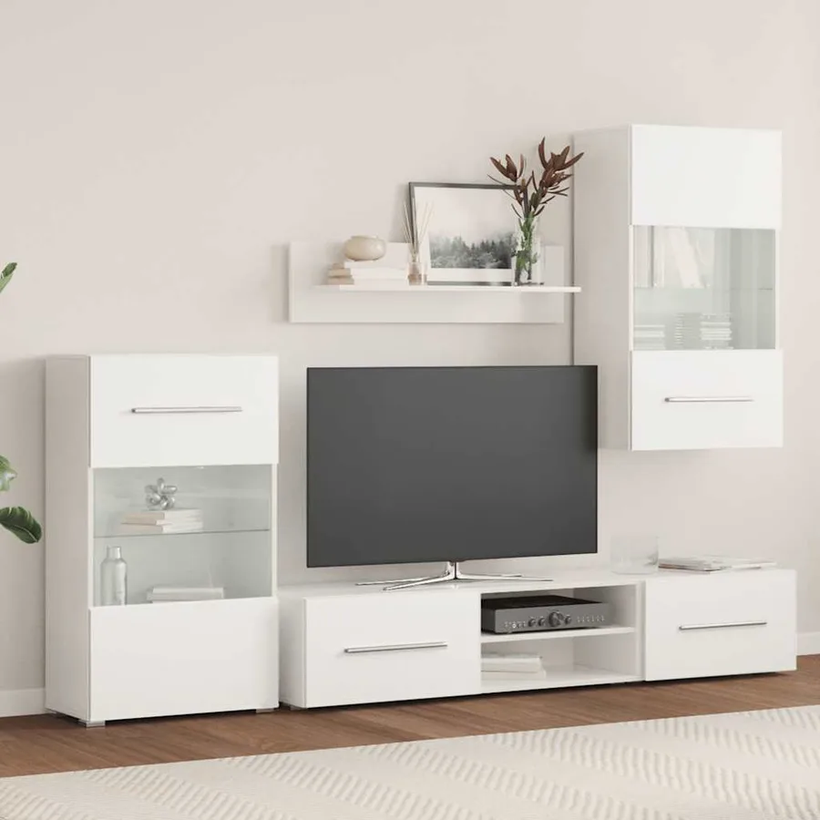 Meuble TV mural avec éclairage LED 5 pièces Blanc - 3