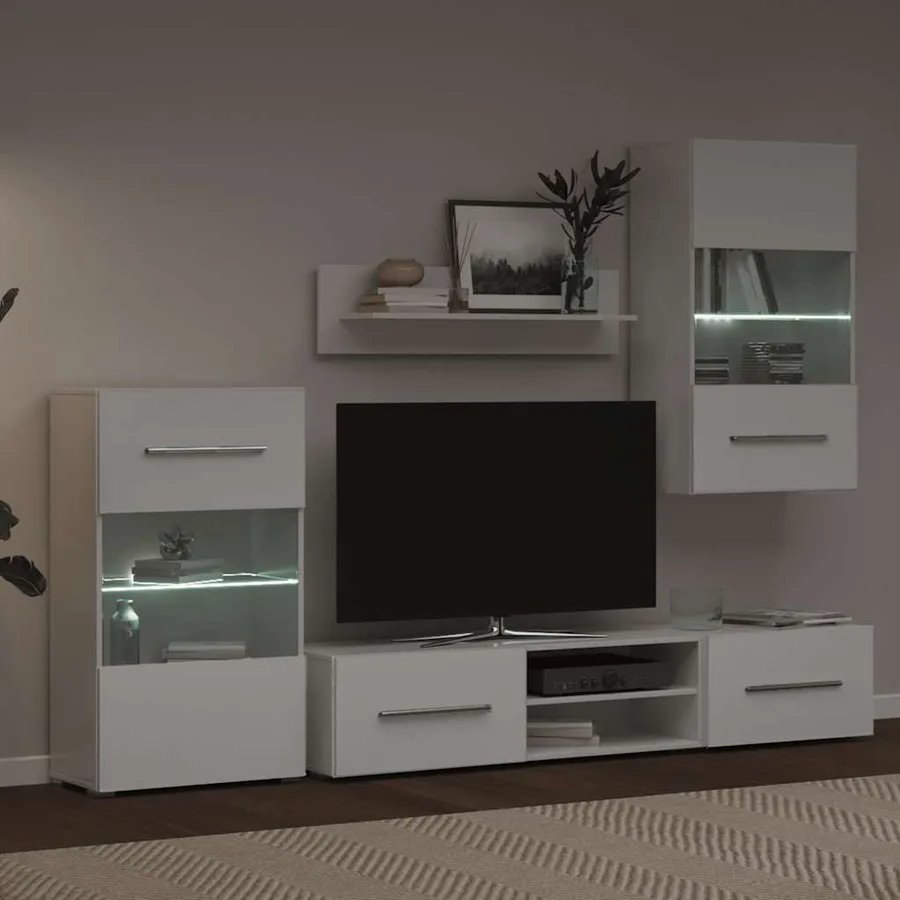Meuble TV mural avec éclairage LED 5 pièces Blanc - 4