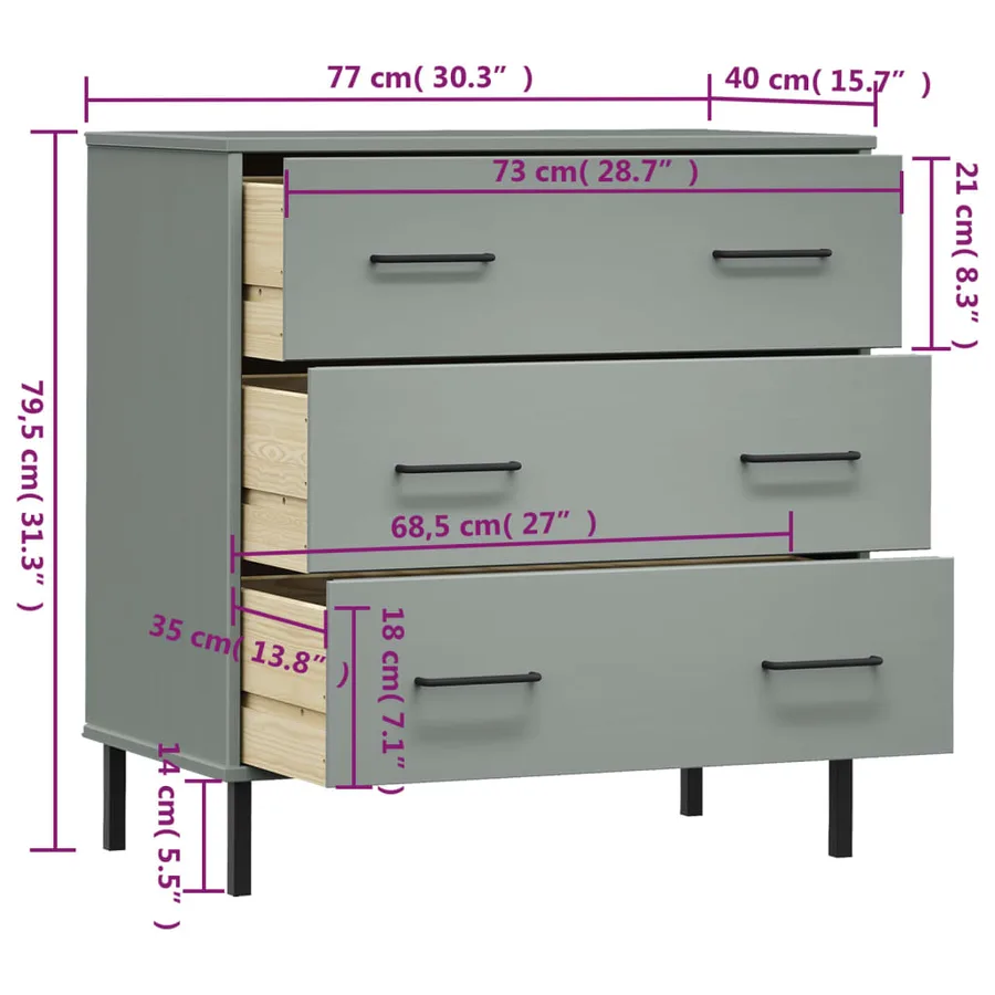 Buffet avec 3 tiroirs Gris 77x40x79,5 cm Bois massif OSLO - 8